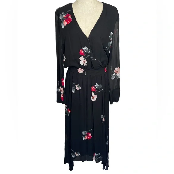 NWT Witchery Womens Dress Black Size 12 V-Neck Sheer Sleeves Maxi Red Flower - Picture 1 of 16